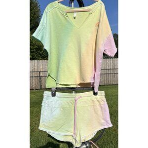 Anthropologie Daily Practice Top Shorts Set L/XL Rainbow Tie Dye Split Neck